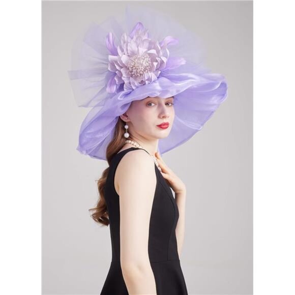 Women Organza Church Tea Party Hats Floral Purple